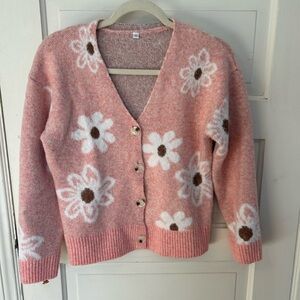 Light Petal Pink White Daisy Cardigan Sweater XS Soft Girly Cute Whimsical